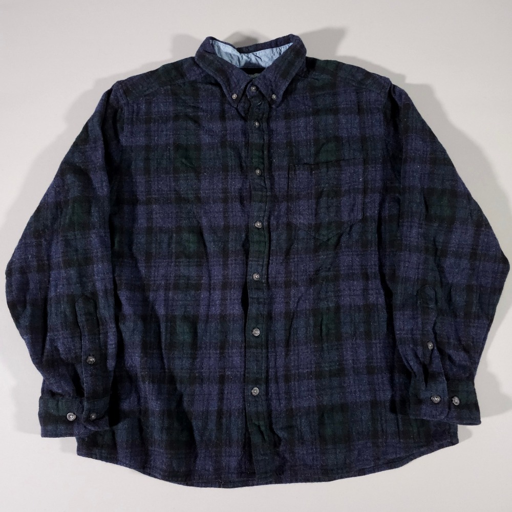 Woolrich Button Down Shirt Mens XL Blackwatch Plaid Wool Blend 6118 Navy Green